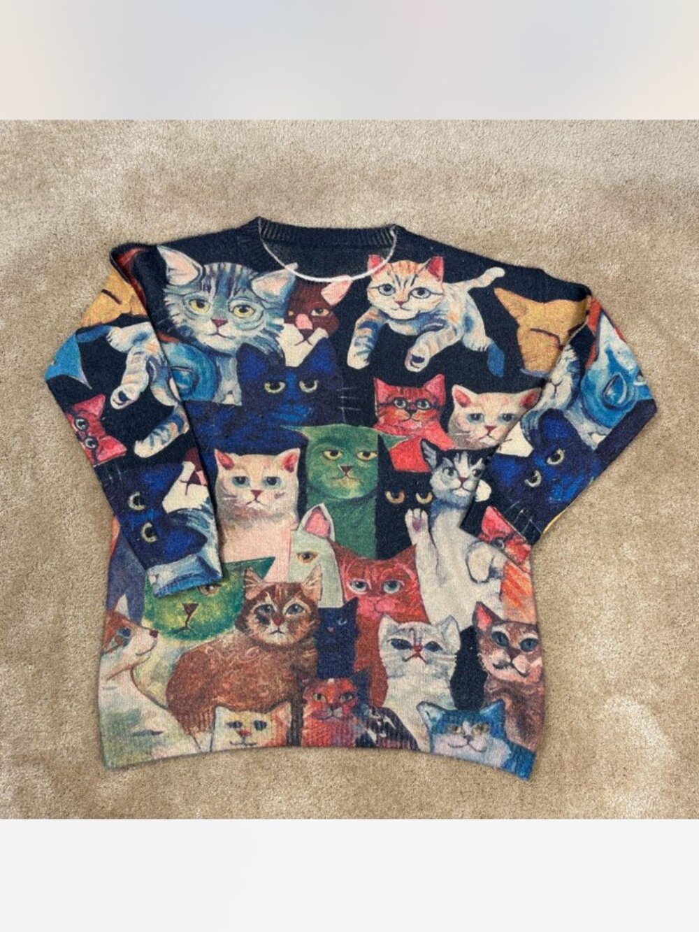 Vintage Cat AOP Abstract Art Cats Wool Blend Crewneck Sweater Adult Size XL